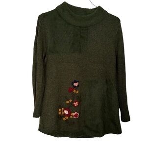No Brand Crew Neck Sweater Embroidered Floral Hunter Green Extremely Soft Size M